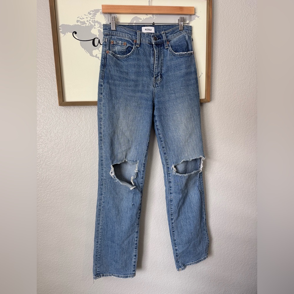 HIGH WAISTED DISTRESSED STRAIGHT LEG PISTOLA JEANS SIZE 26